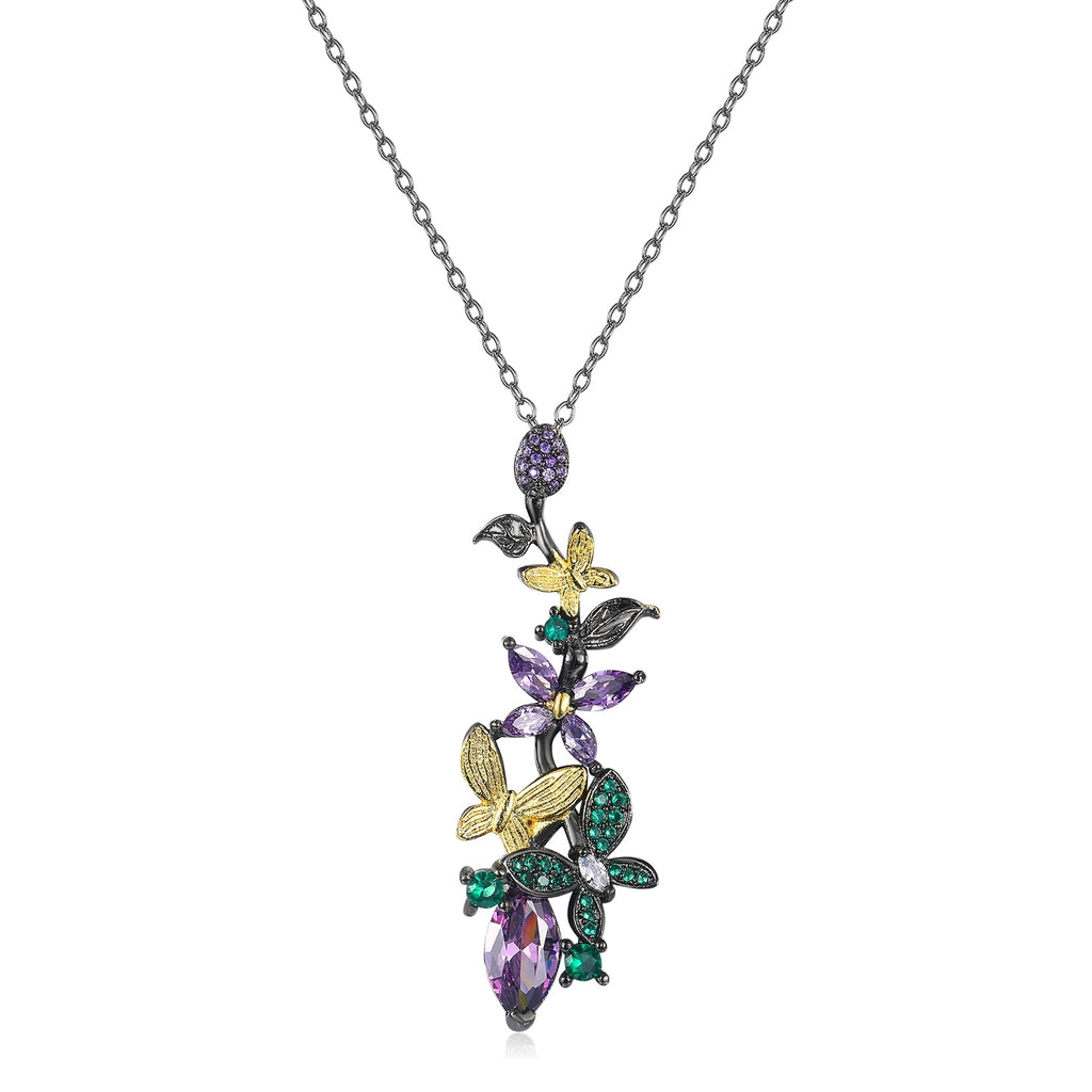 Elegant Purple Zircon Crystal Butterfly Flower Pendant Necklace for Women Retro Black Gold Charms Choker Italy Jewelry