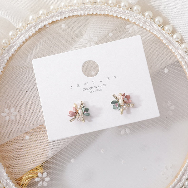 New Korean Trendy Handmade Colorful Sweet Flowers Stud Earrings For Women Shiny Jewelry Fashion Oorbellen Gifts