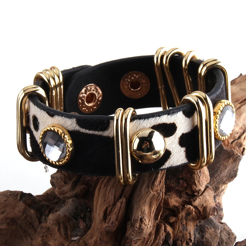 RH Fashion Boho Leather Armbander Goldcolor Metal Rectangle Real Leopard Horsetail Leather Bracelets For Women Gift DropShip