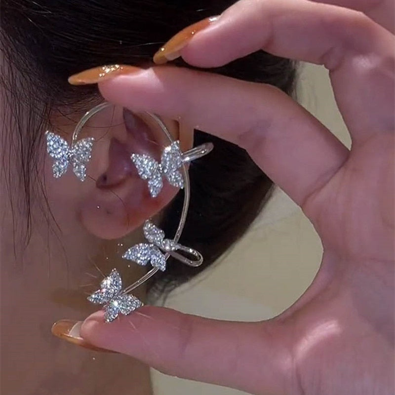 Gold Silver Color Metal Butterfly Ear Clips Without Piercing For Women Sparkling Zircon Ear Cuff Clip Earrings Wedding Jewelry