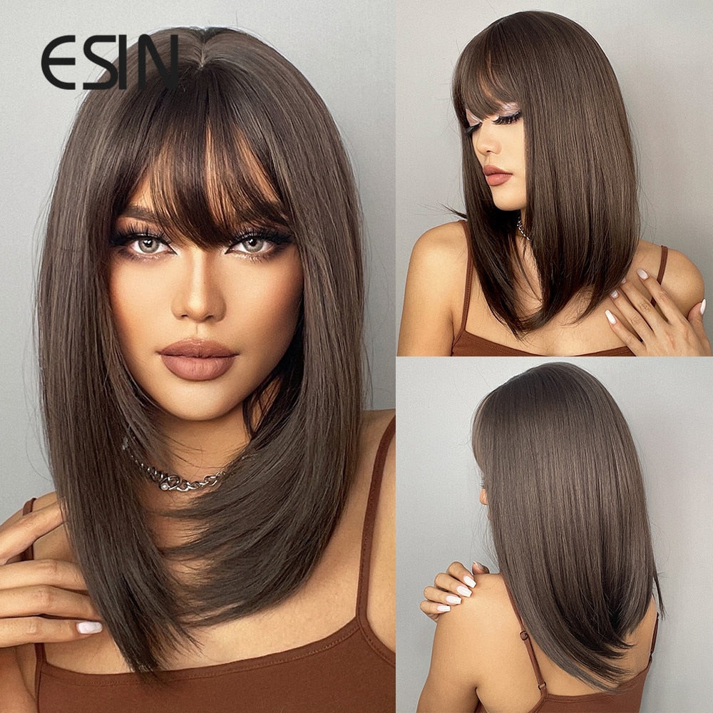 ESIN Synthetic Dark Brown Ombre to Purple Bob Wigs with Bangs for Women medium long Straight Hair Wig Cosplay Hairstyle