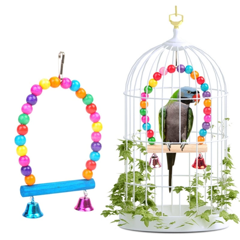 Natural Wooden Parrots Swing Toy Birds Perch Hanging Cage with Colorful Beads Bells Pet Supplies PXPC