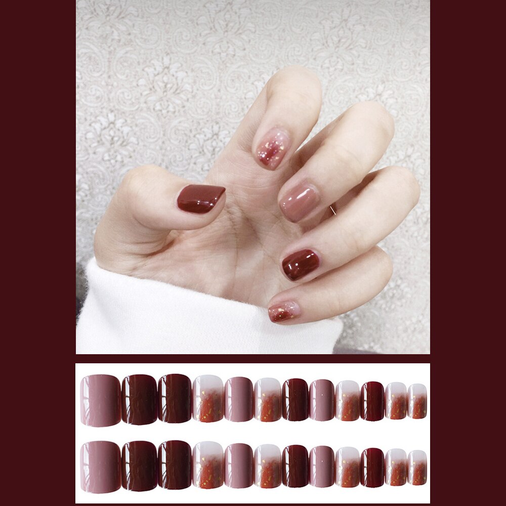 24pcs Red Matte Glitter Pink False Nail Design Short Fake Nail Wine Red Frosted Press On Nails Love Pattern Nail Art Beauty