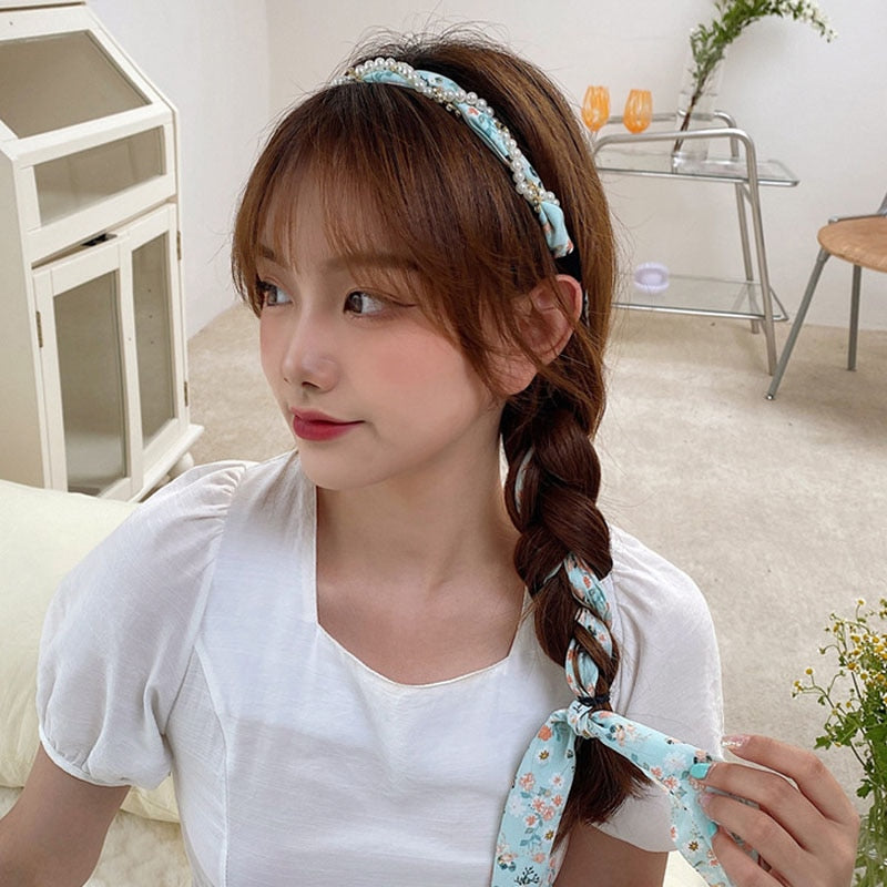 Summer Floral Print Long Ribbon Hairband Pearl Braided Headband Streamers Hair Hoop For Girls Korea Sweets Hair Accessories