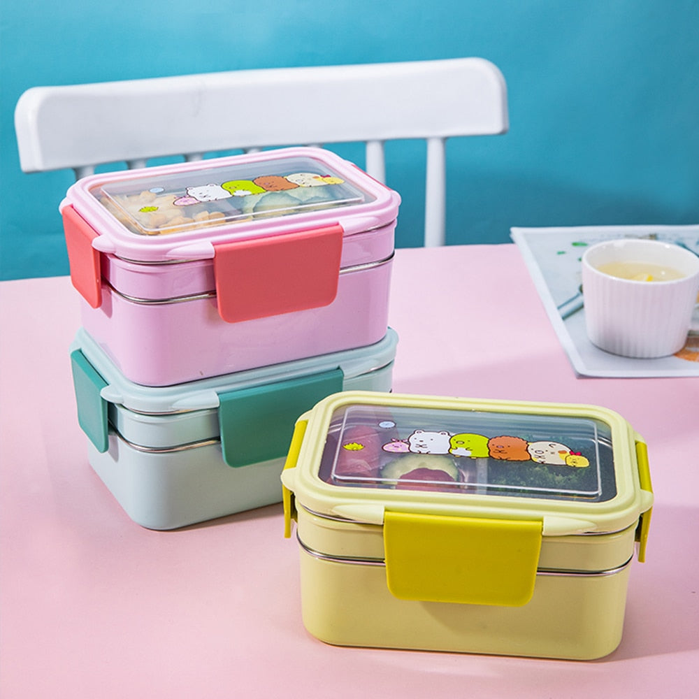 Portable Stainless Steel Lunch Box Double Layer Cartoon Food Container Box Microwave Bento Box for Kids Children Picnic School