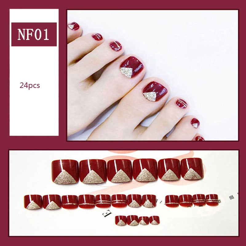 False Toe Nails Summer Full Coverage Nail Art Pattern Removable Stickers With Glue 24pcs