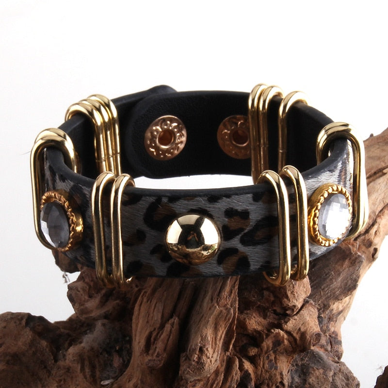 RH Fashion Boho Leather Armbander Goldcolor Metal Rectangle Real Leopard Horsetail Leather Bracelets For Women Gift DropShip