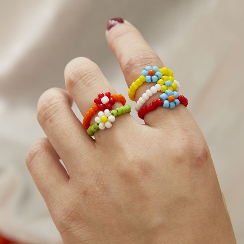 15 Style Korean Colorful Bohemia Small Flower Ring Handmade Multi Beaded Rice Beads Ring For Women  Beach Jewelry Gifts