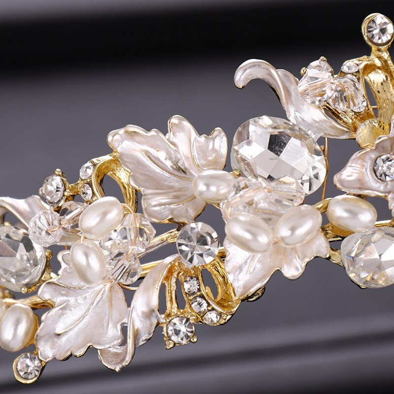 Trendy Rhinestone Pearl Crystal Crown Tiara Headband Flower Bride Hair Accessories Gold Crown Bridal Wedding Crown Hair Jewelry