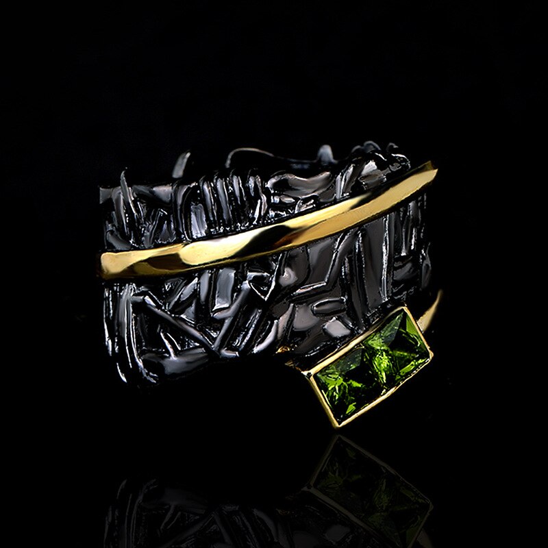CIZEVA Vintage Bohemia Style Finger Ring Shiny Green Zircon Two Tone Gold Geometric Rings for Women Ethnic Jewelry