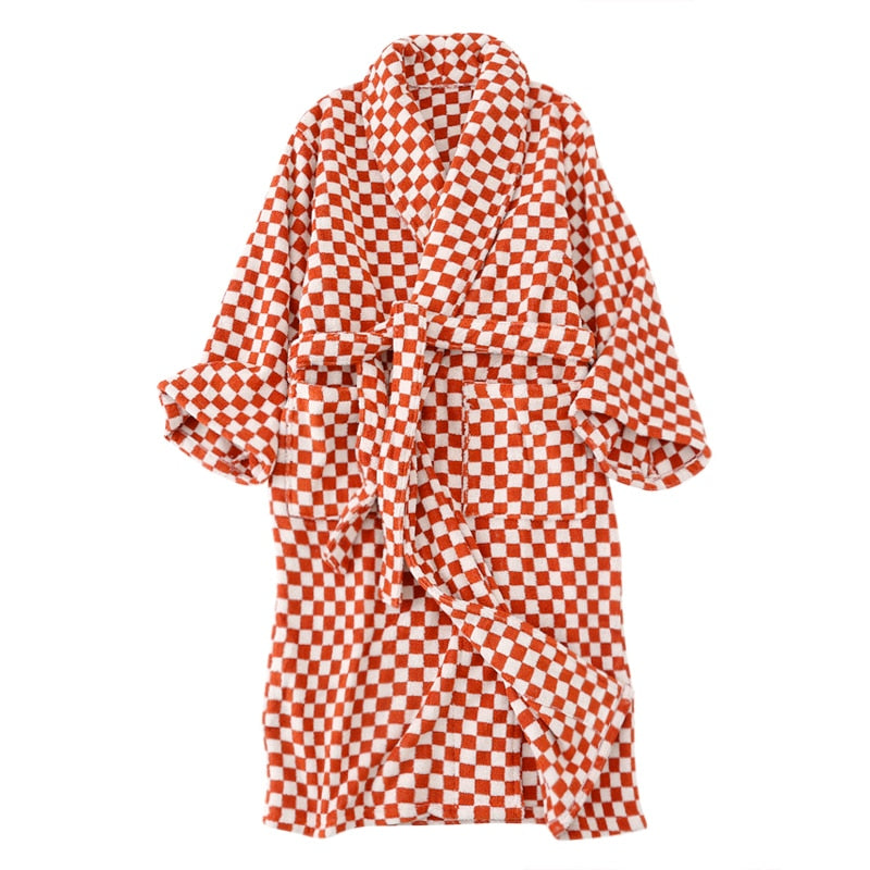 Luxurious Towels Plaid Retro Checkerboard Cotton Bathrobe Women Robe Soft Sleepwear Kimono Warm Bath Robes Coat Towel Homewear