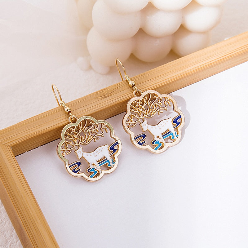 Fashion Chinese Style Koi Deer Rabbit Drop Earrings For Women Girls Cute Colorful Cartoon Hollow Earrings Birthday Jewelry Gift
