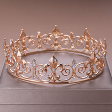 Load image into Gallery viewer, AiliBride Gold Round Crown King Queen Wedding Tiara Bride Headpiece Men Party Crystal Hair Jewelry Wedding Hair Accessories