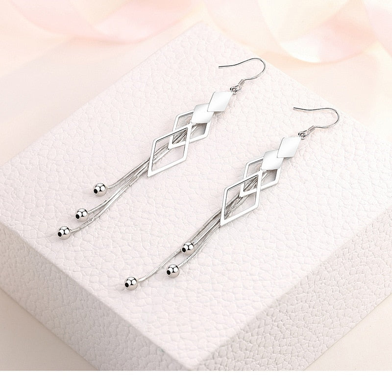 Fanqieliu Stamp 925 Silver Needle Multi-layer Long Tassels Rhombus Drop Earrings For Women Trendy Jewelry Girl Gift New FQL21301