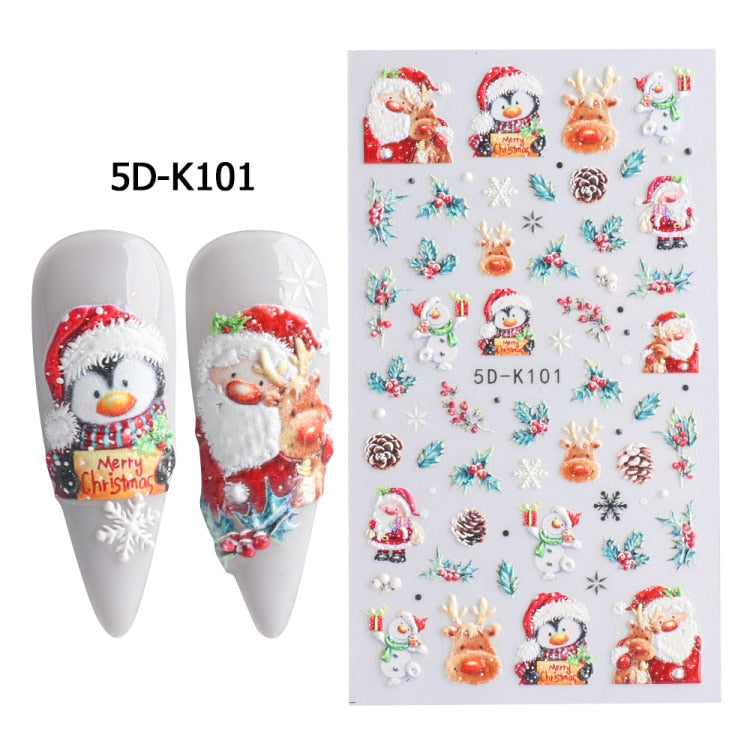 New Year Sliders for Nail Santa Claus Penguin Embossed 5D Gel Sticker Christmas Cute Birds DIY Nail Art Decorations NF5D-K101
