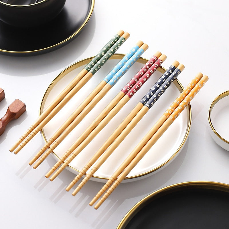 Reusable 5 Pair Set Handmade Bamboo Japanese Style Natural Wood Chopsticks Sushi Food Cat Flower Multi Color Wooden Chop Sticks