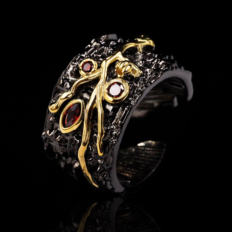 Italy Jewelry Women's Vintage Exquisite Branch CZ  Color Ring Openning Adjustable Black Gold Color Wedding Band Ring