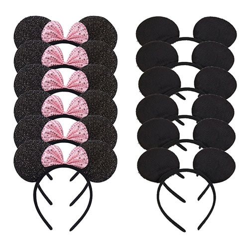 12pcs Mouse Ears Headband Women Festival Headband Black Sequin Pink Hallowee Birthday Party Gift Kid Mom Hair Accessories