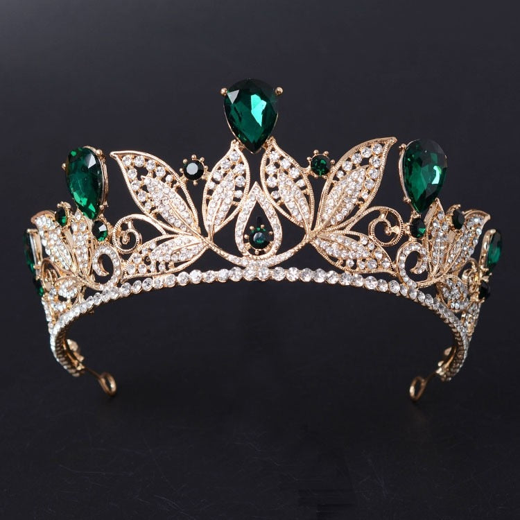 Vintage Green Red Rhinestone Bridal Tiara Fashion Golden Diadem for Women Wedding Dress Hair Jewelry Princess Crown accessories