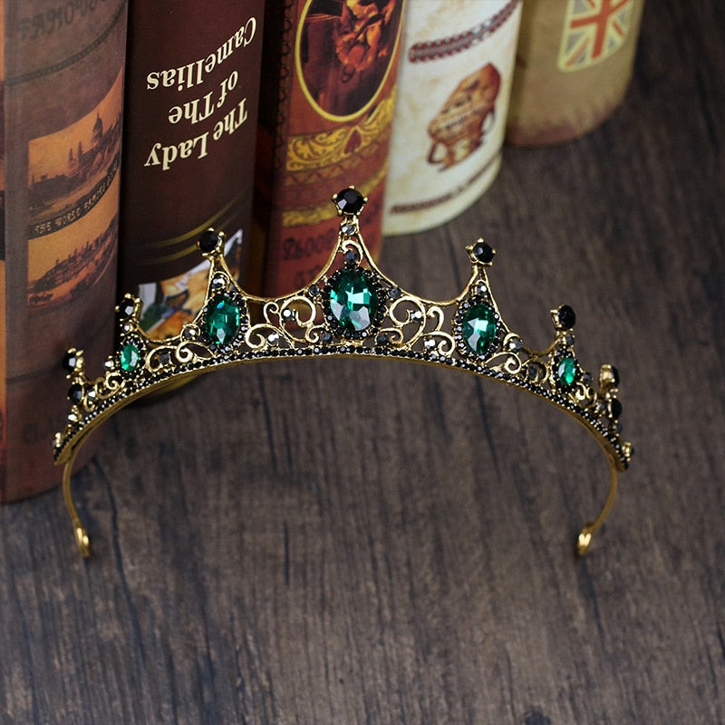 MVEXO Fashion Elegant Vintage Small Baroque Green Crystal Tiaras Crowns for Women Girls Bride Wedding Hair Jewelry Accessories