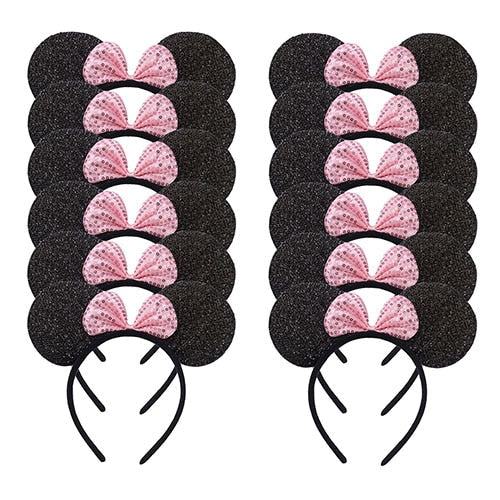 12pcs Mouse Ears Headband Women Festival Headband Black Sequin Pink Hallowee Birthday Party Gift Kid Mom Hair Accessories