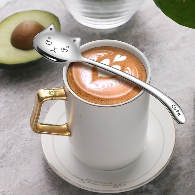 1PCS Funny Tea-Spoon For Coffee Long tail cat Coffee spoon Long Handle Spoon Birthday Gift 304 Stainless Steel Tableware