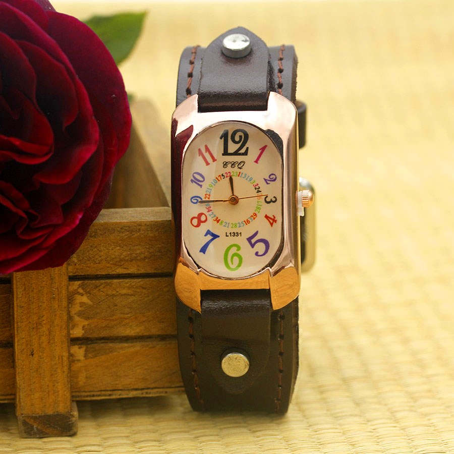 Shsby Cow Leather Strap Color Digital Rectangle Watch Women Bracelet Watches Female Bronze Quartz Watch Student Leisure Watch