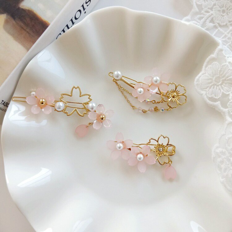 HUANZHI New Sweet Pearl Japan Cherry Blossoms Hair Clip Pink Acrylic Metal Headwear Hairpin for Women Girls Accessories
