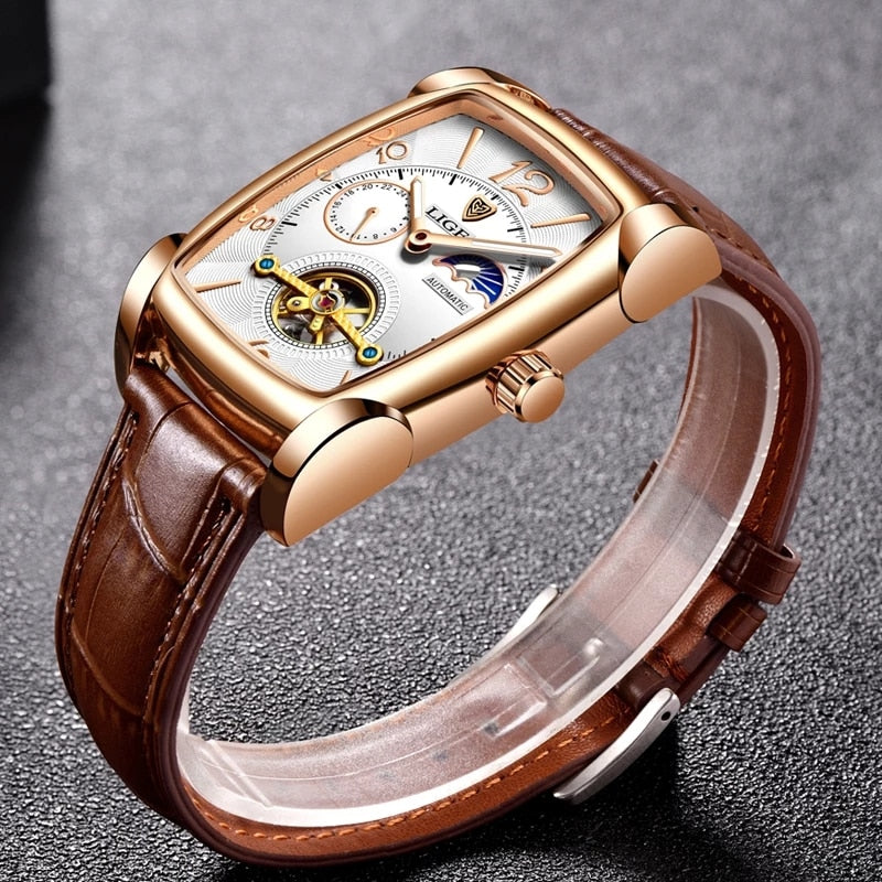 LIGE Top Brand Luxury Mens Watches Square Automatic Watch for Men Tourbillon Clock Genuine Leather Waterproof Mechanical Watch