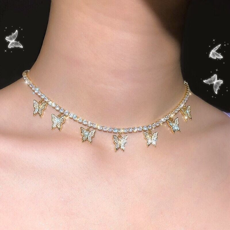 Crystal Butterfly Pendants Women Chokers Personality Gold Color Hollow Chain Choker Necklaces for Ladies Punk Collar jewellery