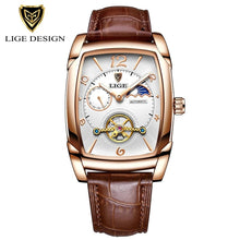 Load image into Gallery viewer, LIGE Top Brand Luxury Mens Watches Square Automatic Watch for Men Tourbillon Clock Genuine Leather Waterproof Mechanical Watch
