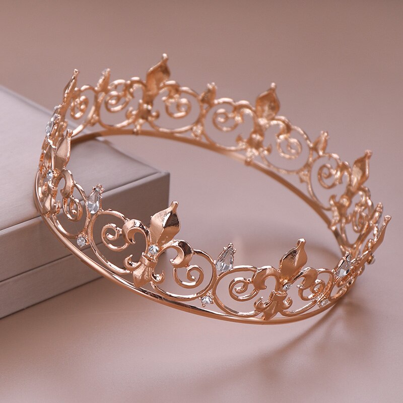 AiliBride Gold Round Crown King Queen Wedding Tiara Bride Headpiece Men Party Crystal Hair Jewelry Wedding Hair Accessories