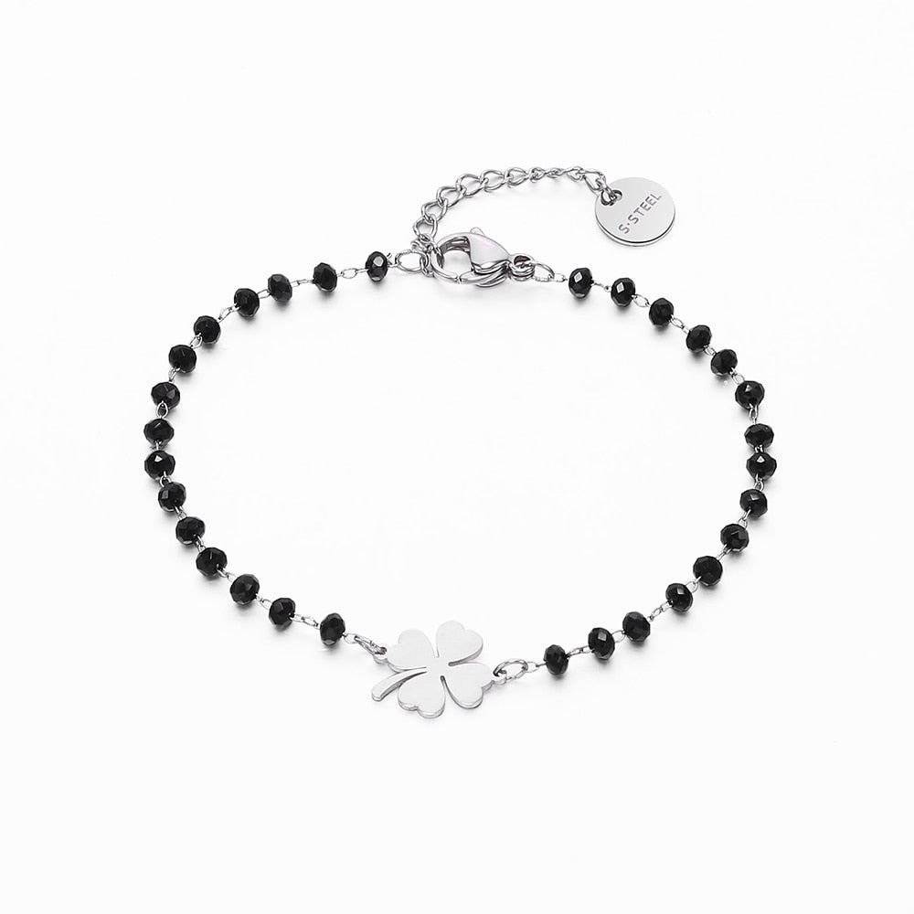 Rose Gold Clover Stainless Steel Charm Bracelets Women&#39;s Black Crystal Beads Chain Bracelet Fashion Jewelry Joyas de mujer