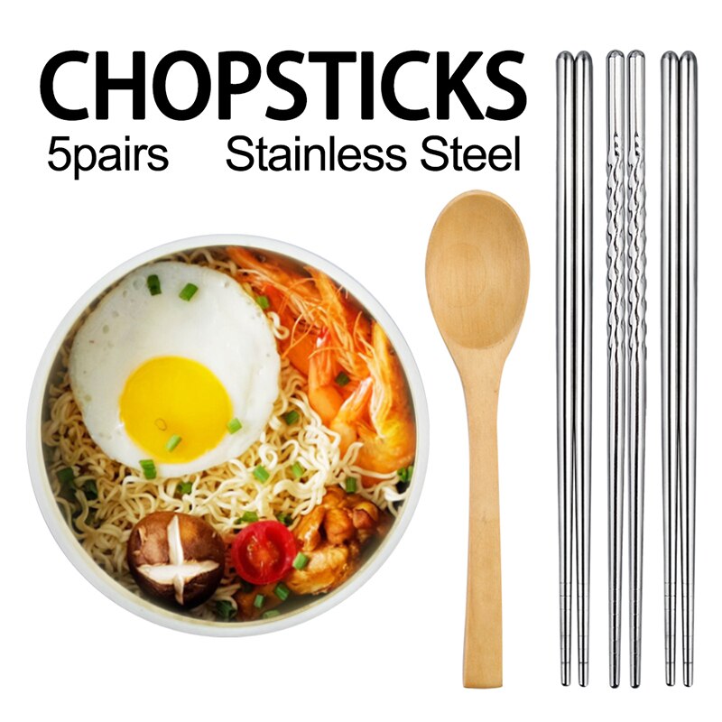 5 Pairs Stainless Steel Square Chopsticks Chinese Stylish Healthy Light Weight Chinese Chopsticks Metal Non-slip Design Kitchen
