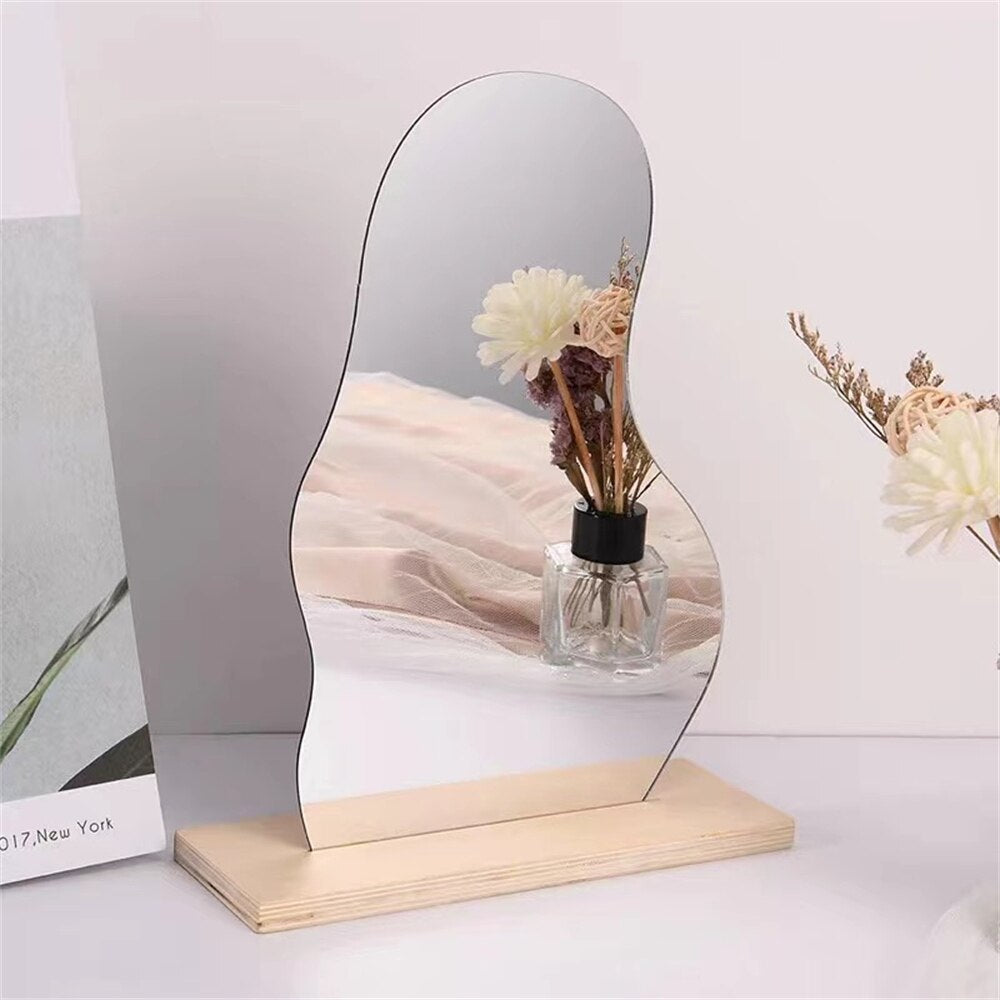Makeup Mirror Ins Irregular Acrylic Decorative Mirror Wooden Base Cosmetic de maquillaje Beauty Tools Korean style