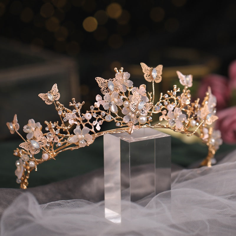 Bridal Crown Baroque Pearl Rhinestone Crown And Tiara Butterfly Hairband Wedding Hair Accessories Princess Crown Bride Tiaras