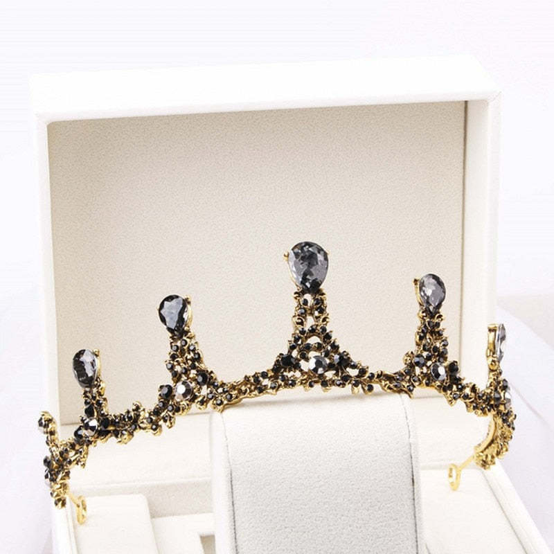 Baroque Black Crystal Big Round Bridal Tiaras Crowns Pageant Prom Diadem Rhinestone Veil Tiara Headband Wedding Hair Accessories