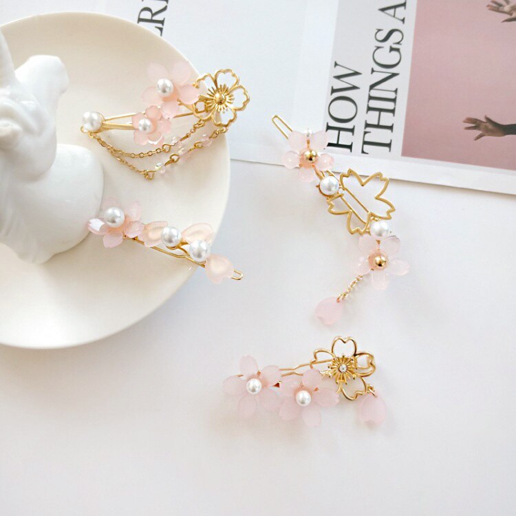 HUANZHI New Sweet Pearl Japan Cherry Blossoms Hair Clip Pink Acrylic Metal Headwear Hairpin for Women Girls Accessories