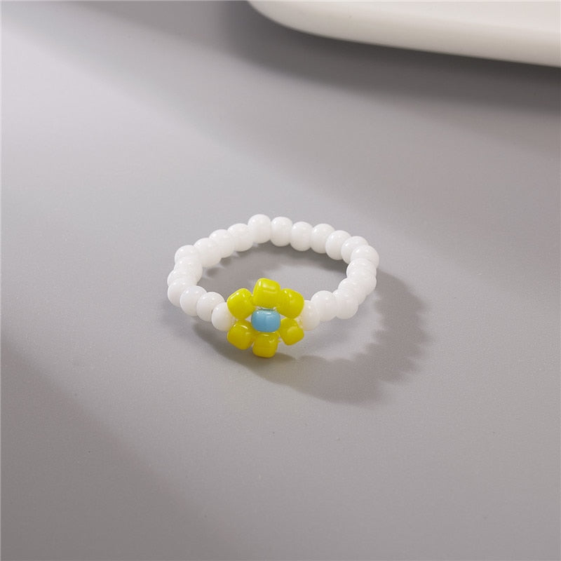 15 Style Korean Colorful Bohemia Small Flower Ring Handmade Multi Beaded Rice Beads Ring For Women  Beach Jewelry Gifts