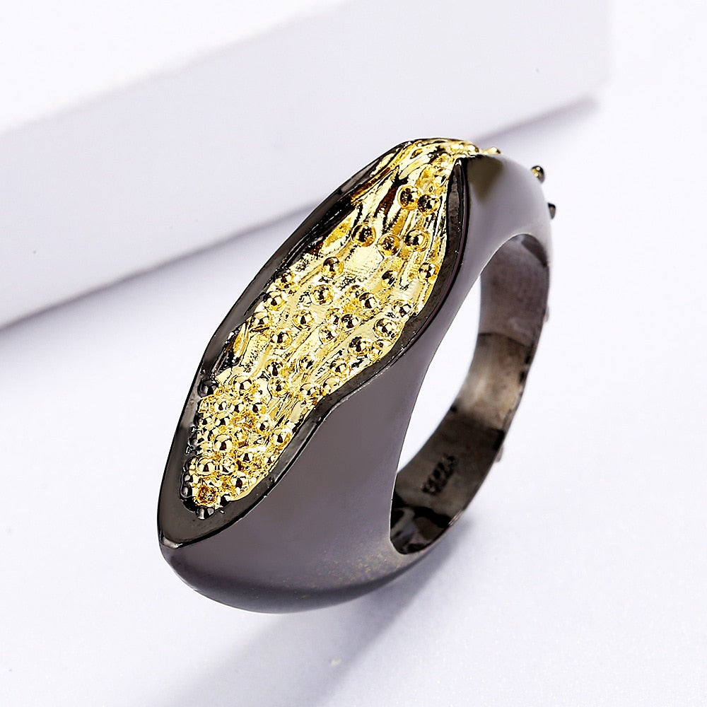 CIZEVA Luxury S Rings for Women Black Gold Color Antique Irregular Party Cocktail Rings for Women Italian Jewelry