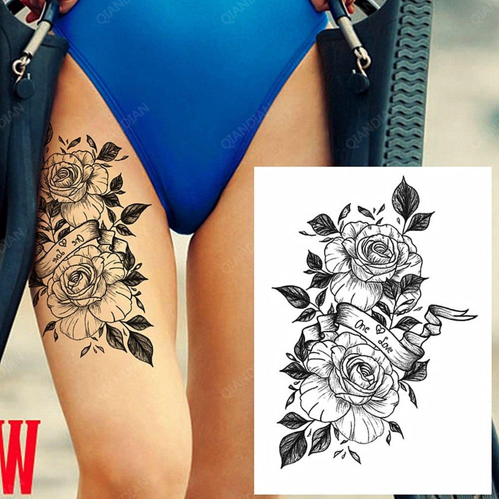 Black Flower Rose Waterproof Temporary Bird Snake Sexy Body Arm Leg Gem Henna Tattoo Fashion Big Fake Sleeve Sticker
