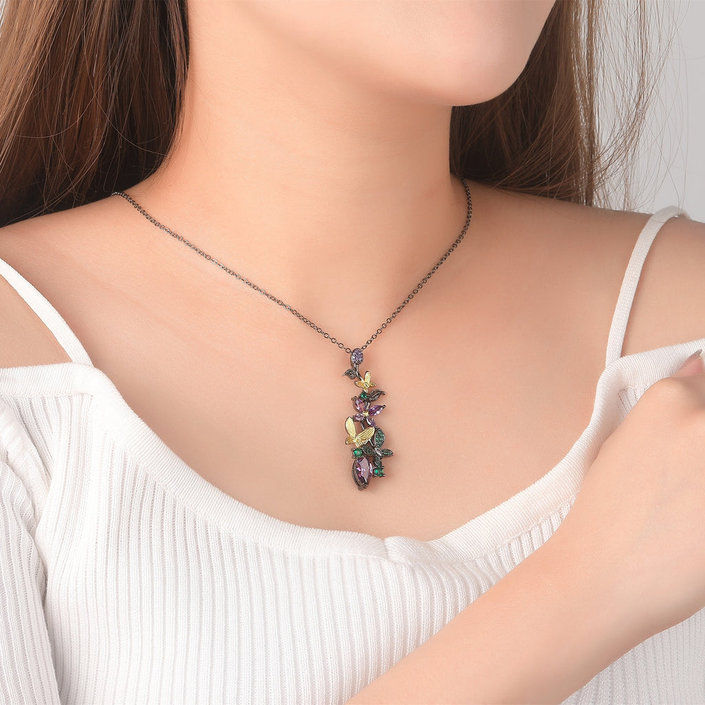 Elegant Purple Zircon Crystal Butterfly Flower Pendant Necklace for Women Retro Black Gold Charms Choker Italy Jewelry