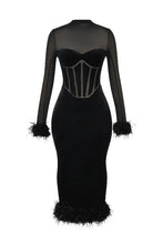 Load image into Gallery viewer, sealbeer A&amp;A Luxe Velvet Long Sleeved Feather Midi Bodycon Dress