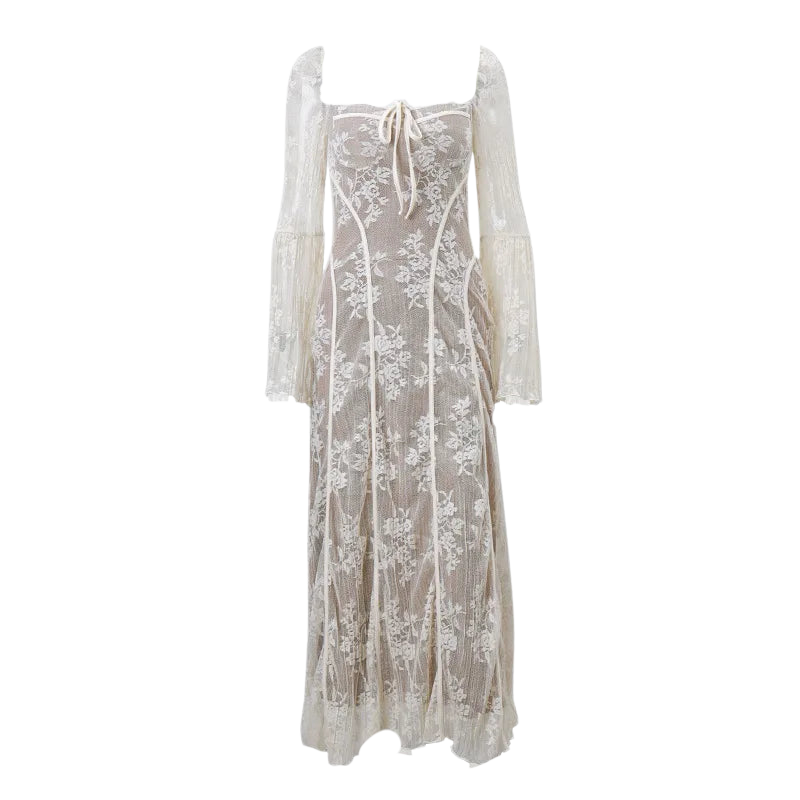 sealbeer A&A Luxe Vintage Square Collar Lace Long Sleeve Maxi Dress