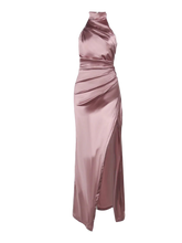Load image into Gallery viewer, sealbeer A&amp;A Ruched Satin Sleeveless Halter Neck Side Slit Maxi Dress