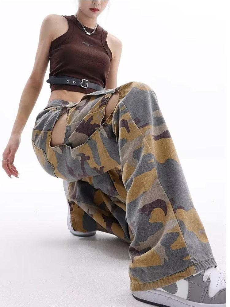 sealbeer Loose Splashed Ink Speaker Camouflage Pants Trendy Hip-hop Vintage Versatile Work Clothes Pants Wide Leg Pants Women's Jeans