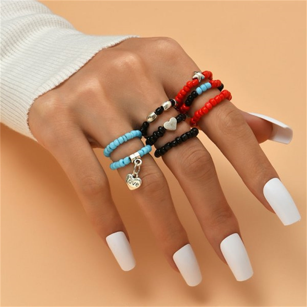 Korean Cute Acrylic Crystal Beaded Rings Set For Women Adjustable Rope Chain Finger Ring Knuckle Jewelry Sweet Aesthetic Gifts