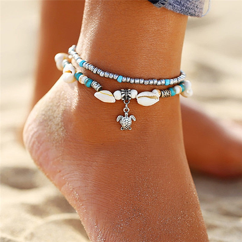 Huitan Beach Shell Anklets Bracelet for Women Bohemia Style Foot Leg Bead Chains Barefoot Sandals Ankle on the leg Girls Jewelry
