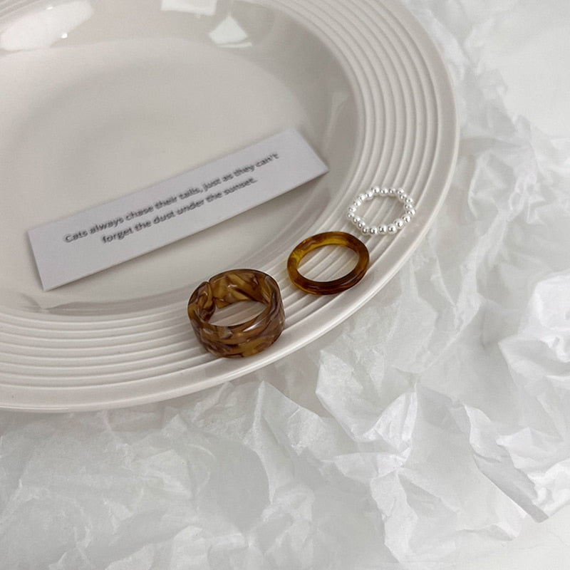 3pcs/set Acrylic Ring Set Light Color System Resin Beaded Elastic Rings Bridal Engagement Women Finger Jewelry 2022 Summer