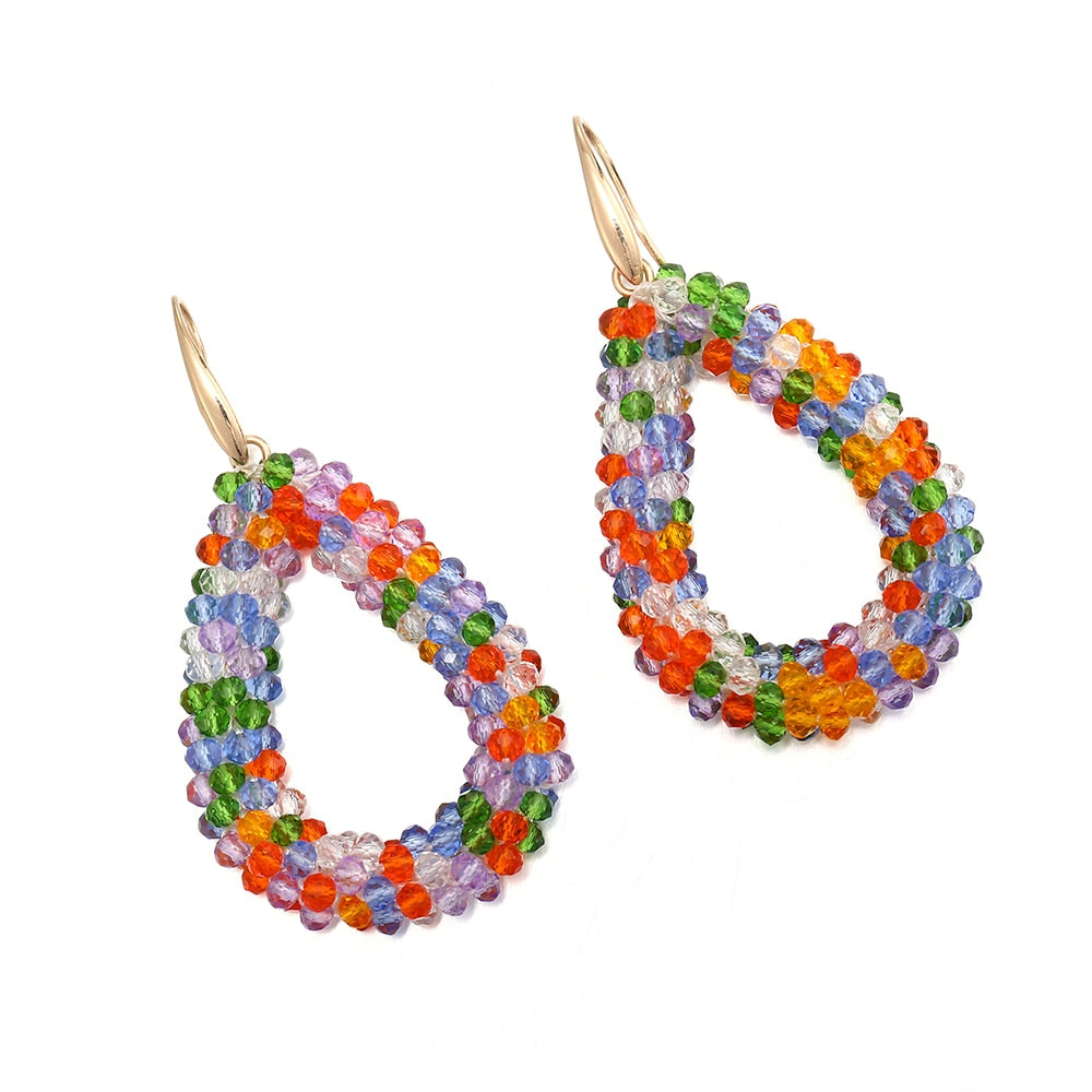 INKDEW Mixed Color Big Drop Earrings Colorful Bead Handmade Threading Crystal Earrings for Women Gift Water Drop Jewelry